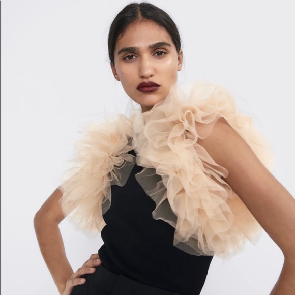Zara Tops - Zara Ribbed Bodysuit With Tulle Trims